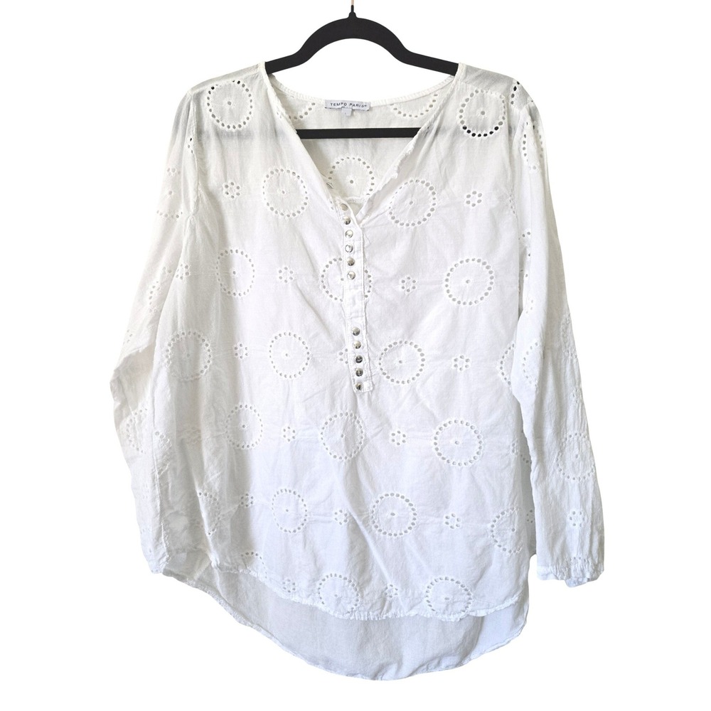 Tempo Paris Womens L Blouse White Eyelet Cotton Long Sleeve Top Coastal Beach